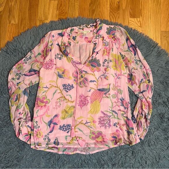 Banjanan Pink Bird Flower Print Boho Blouse Size S - Picture 1 of 8